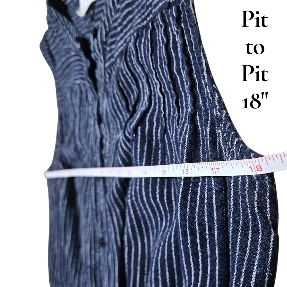 Wmns Navy Blue Striped Button Front Dress M Sleeveless Linen Beach Coastal Chic - Picture 12 of 14